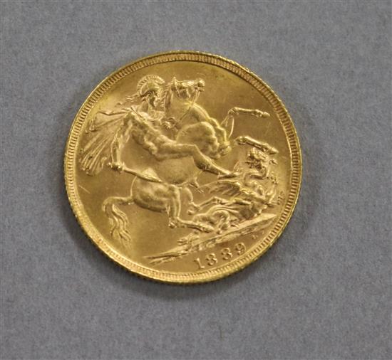 A Victoria 1889 gold full sovereign.